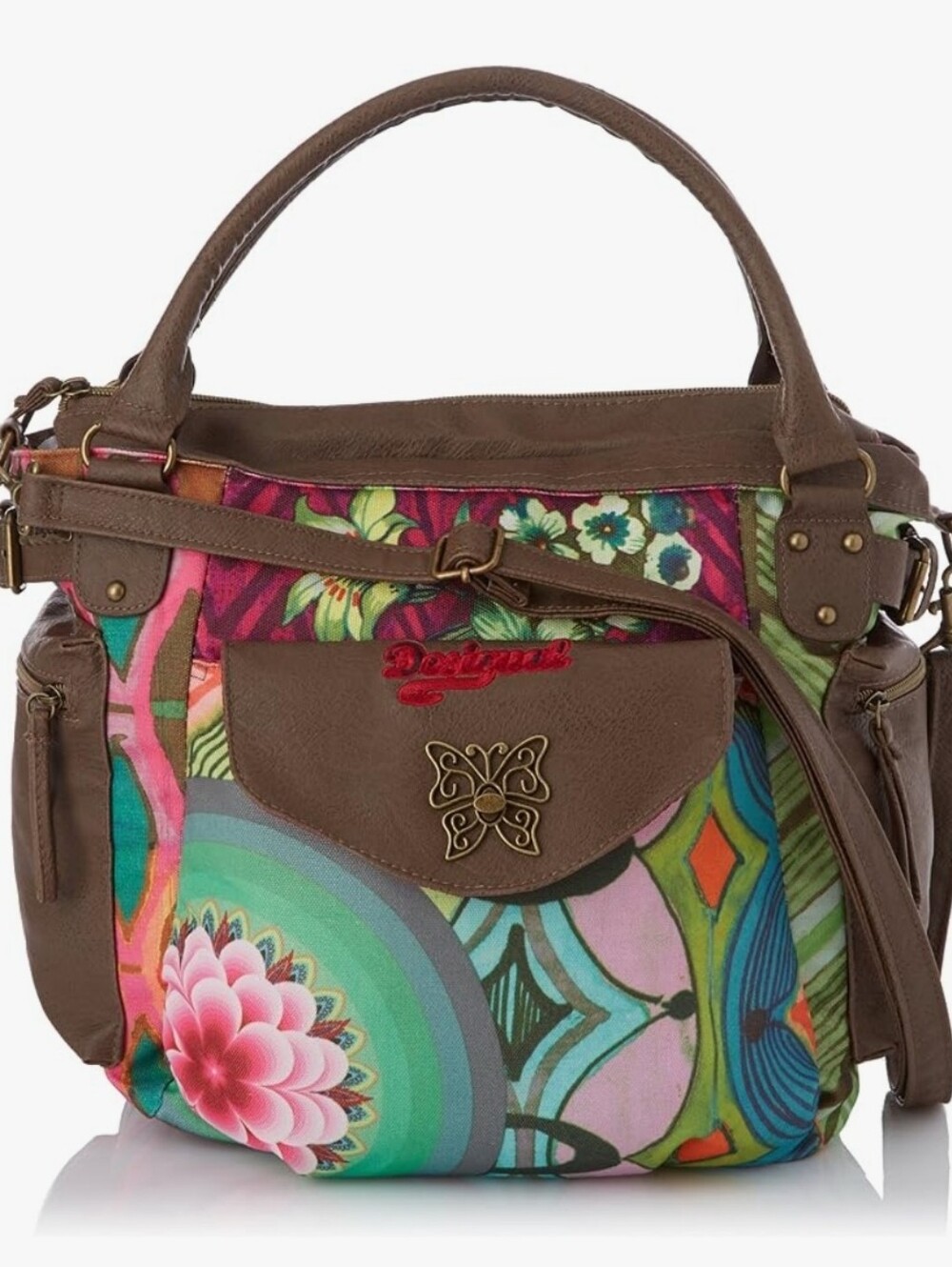Desigual Multicolor Floral Canvas & Brown Faux-Leather Satchel